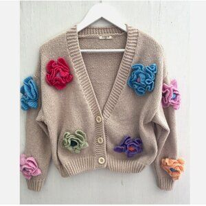 SUNDAY UP Anthropologie Flower Embossed Chunky Knit Cardigan Sweater One Size